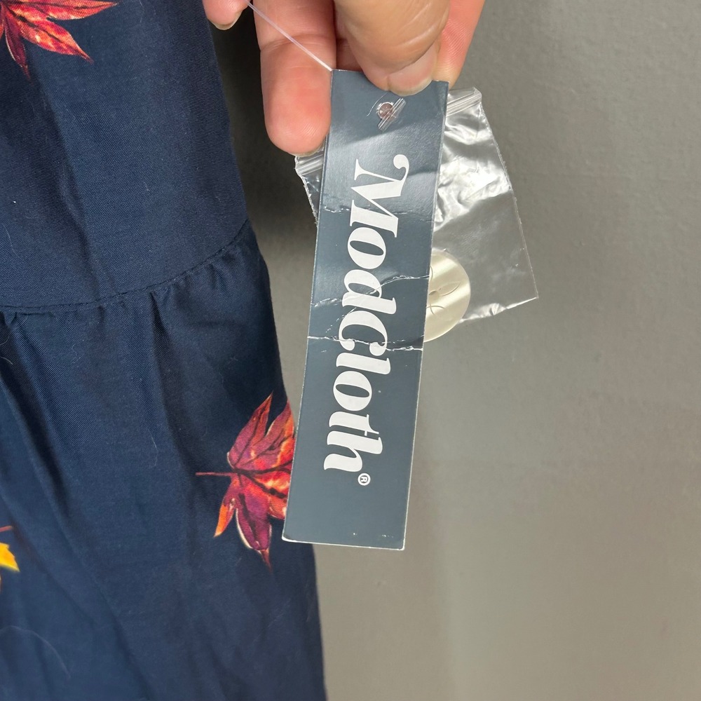 ModCloth Navy Dress with Red Orange Yellow Leaf Print - Picture 9 of 10